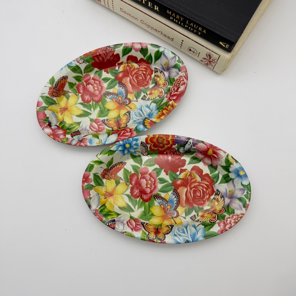 Vintage Floral Butterfly Plastic Small Oval Trinket Trays Set of 2 Catchall Dish